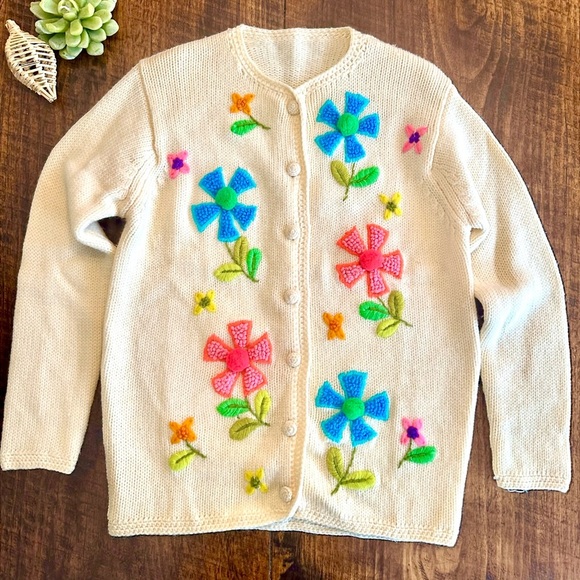 Phil Rose | 1960s Whimsical 3D Flower Knit Wool Sweater Cardigan - Picture 1 of 11